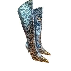 Colin Stuart Silver Metallic Leopard Print Knee-High Boots Sz 7.5.  PLEASE READ